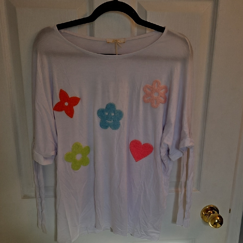 White Long Sleeve Top with Colorful Appliques